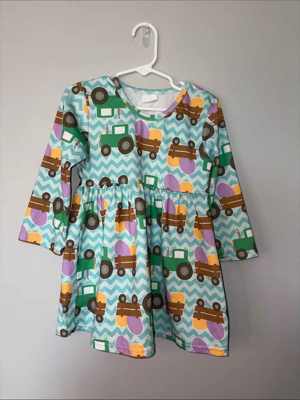 Girls Pastel Tractor Print Long Sleeve Dress - Mint, Green, Purple 3T